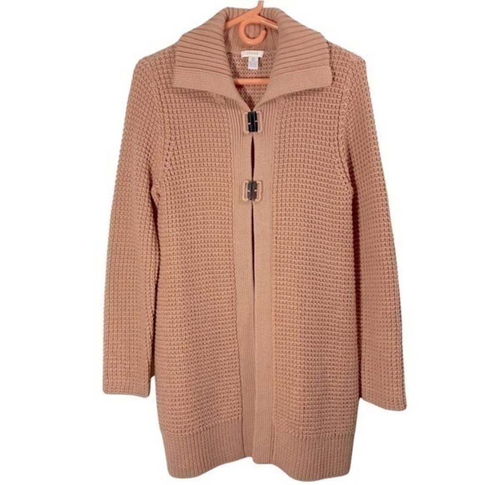 Chicos Cardigan Size 0 or Small Salmon Pink Wide Collar Hook Front Sweater